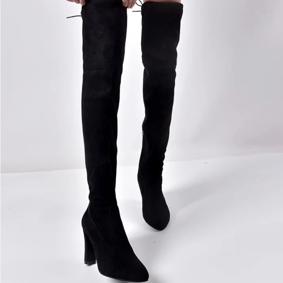 CLEARANCE Vegan Suede Black Over Knee High Heel Sexy Lined Tie Velvet boots - Picture 5 of 8